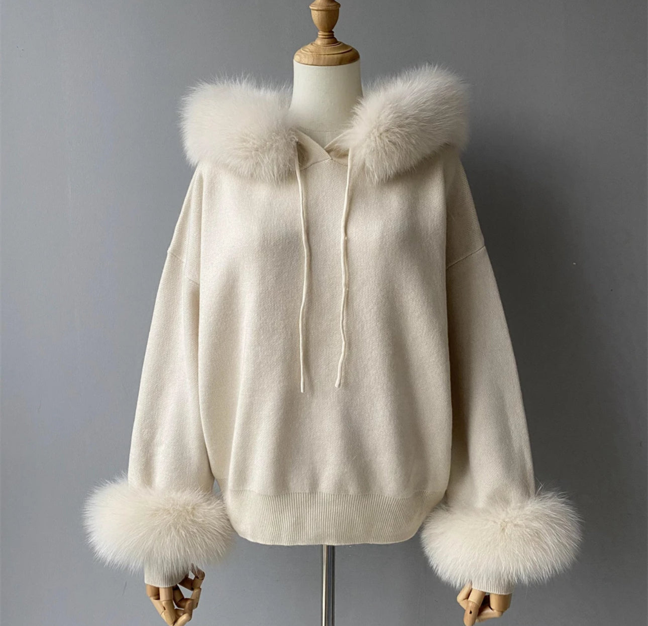 Women's Hoodie with Fur Trim & Cuffs Wool Blend Full Sleeves Warm Knit Tops and Pants