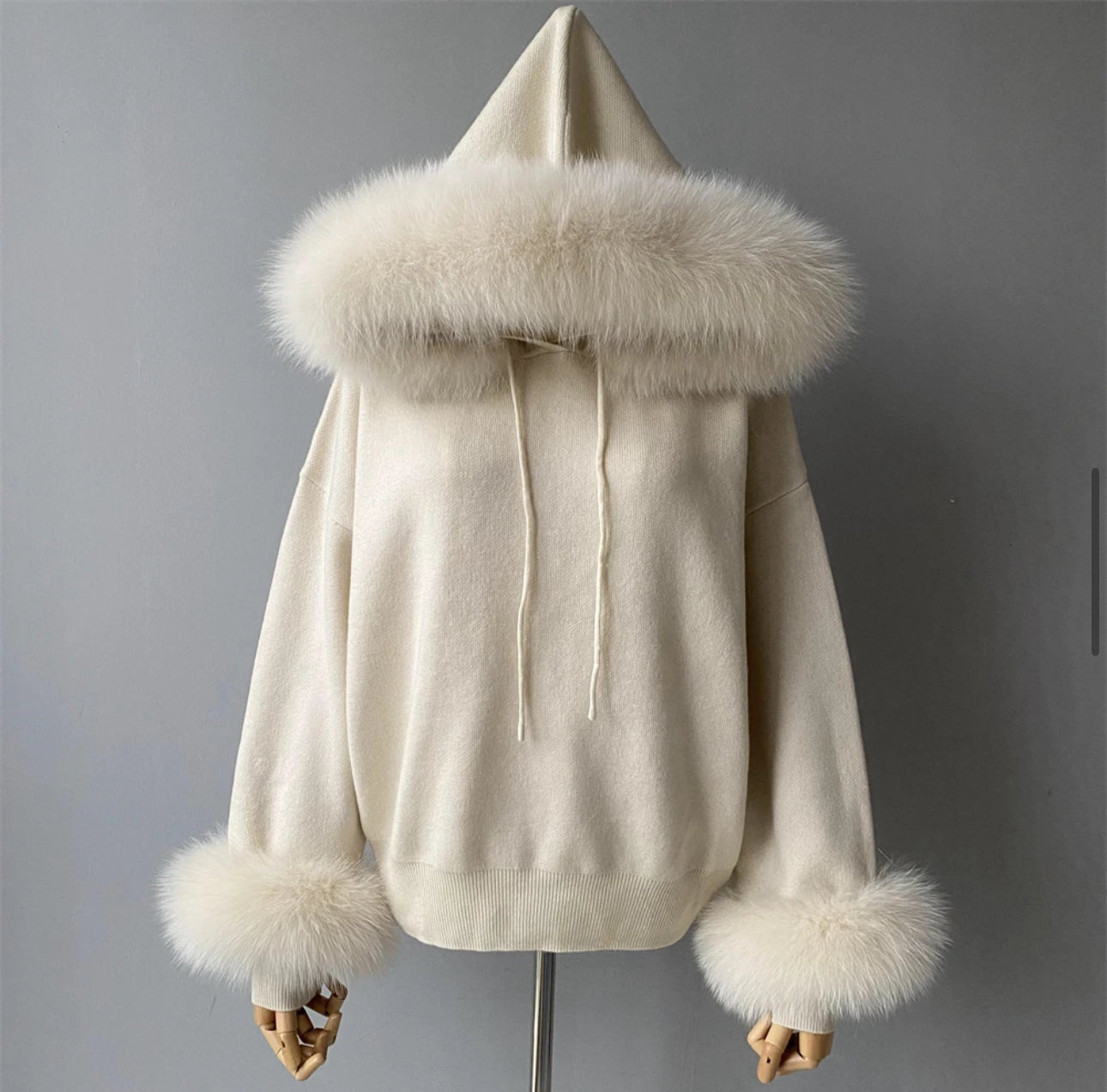 Women's Hoodie with Fur Trim & Cuffs Wool Blend Full Sleeves Warm Knit Tops and Pants