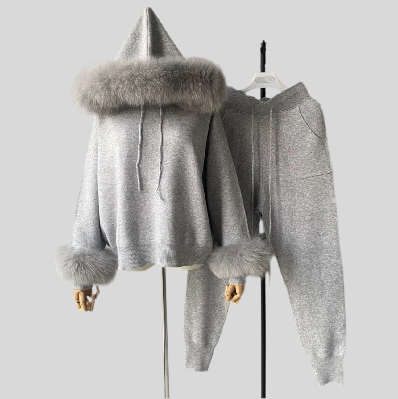 Women's Hoodie with Fur Trim & Cuffs Wool Blend Full Sleeves Warm Knit Tops and Pants