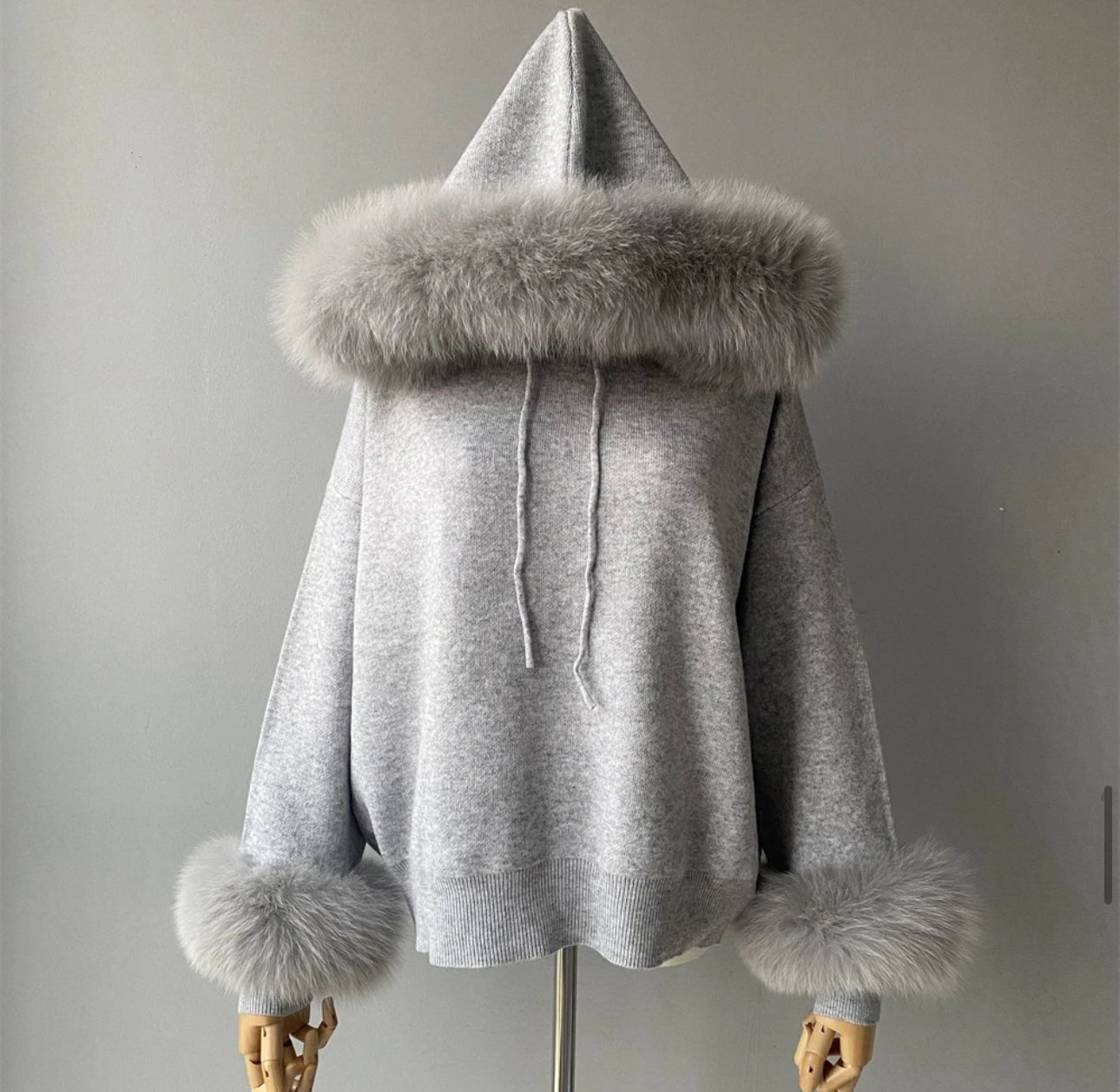 Women's Hoodie with Fur Trim & Cuffs Wool Blend Full Sleeves Warm Knit Tops and Pants