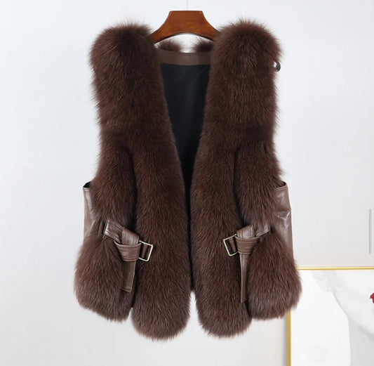 Natural Fur Gilet - Luxury Waistcoat Leather Belt - Chocolate ๐ค ๐