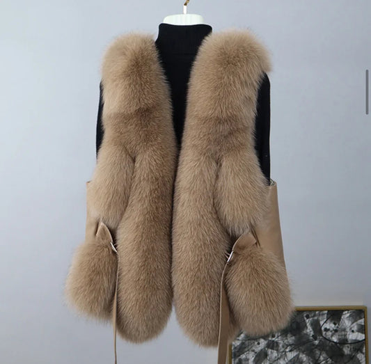 Real Fox Fur Gilet - Luxury Waistcoat Leather Belt - Mocca ๐