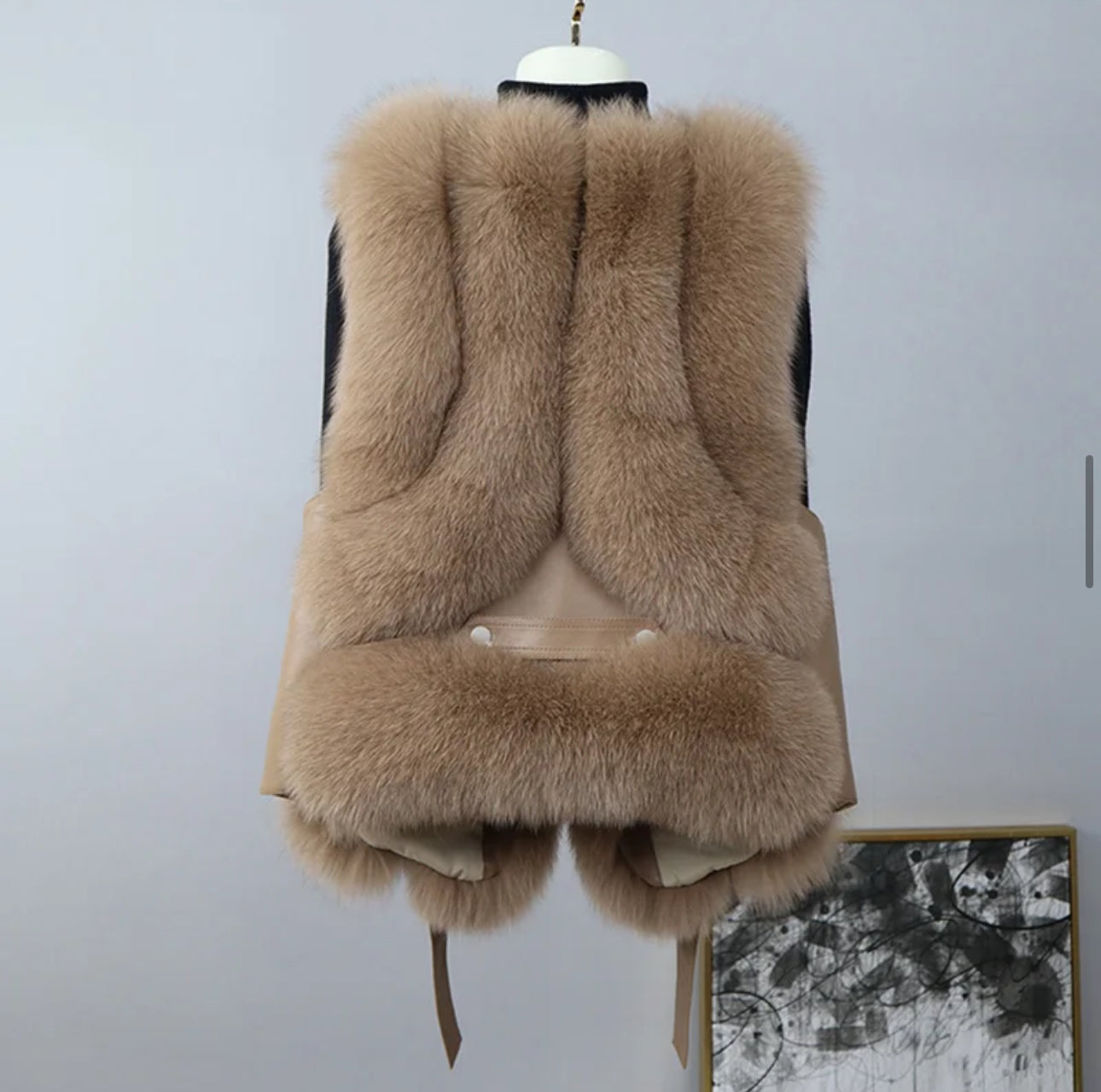Real Fox Fur Gilet - Luxury Waistcoat Leather Belt - Mocca ๐