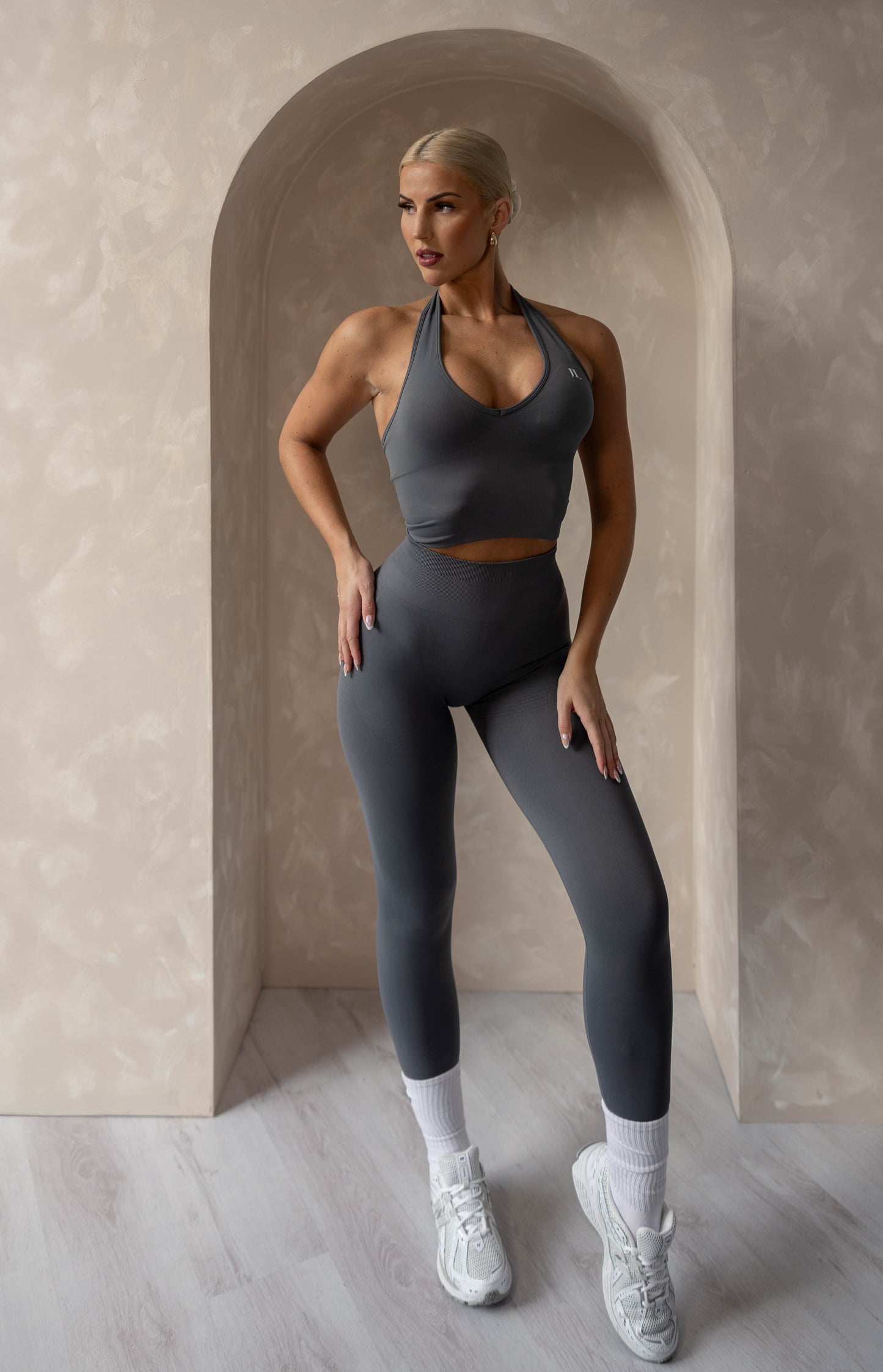 Grey 3 Piece Gym Set - Halter Bra and High Waisted Leggings
