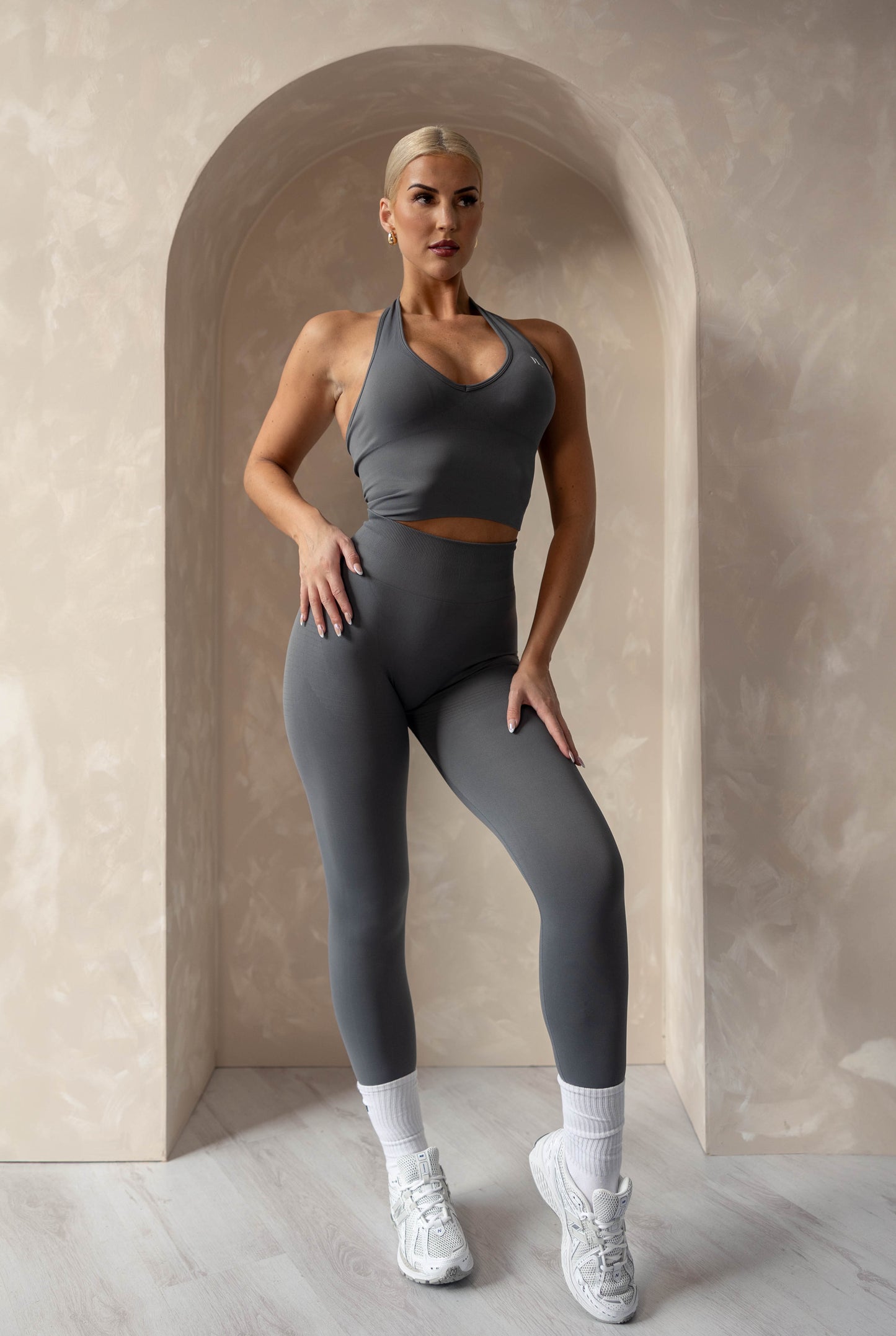 Grey 3 Piece Gym Set - Halter Bra and High Waisted Leggings