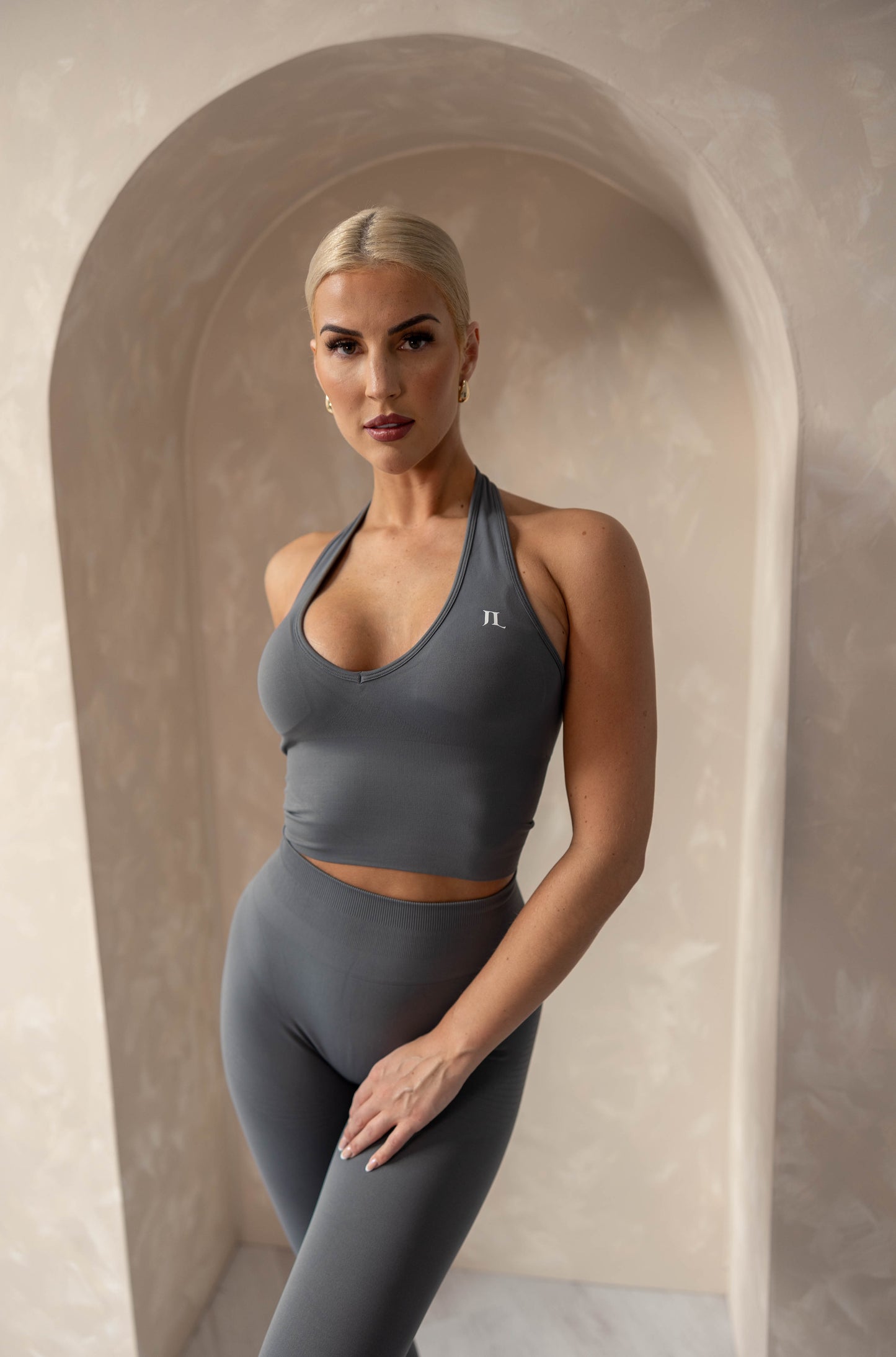 Grey 3 Piece Gym Set - Halter Bra and High Waisted Leggings
