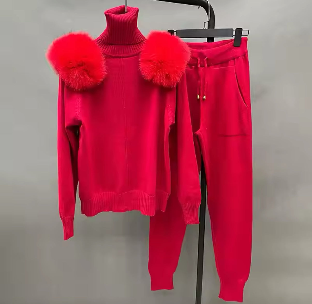 Women's Winter Knitted Sweater Pants Set - Fur Shoulder Stand Collar Pullover