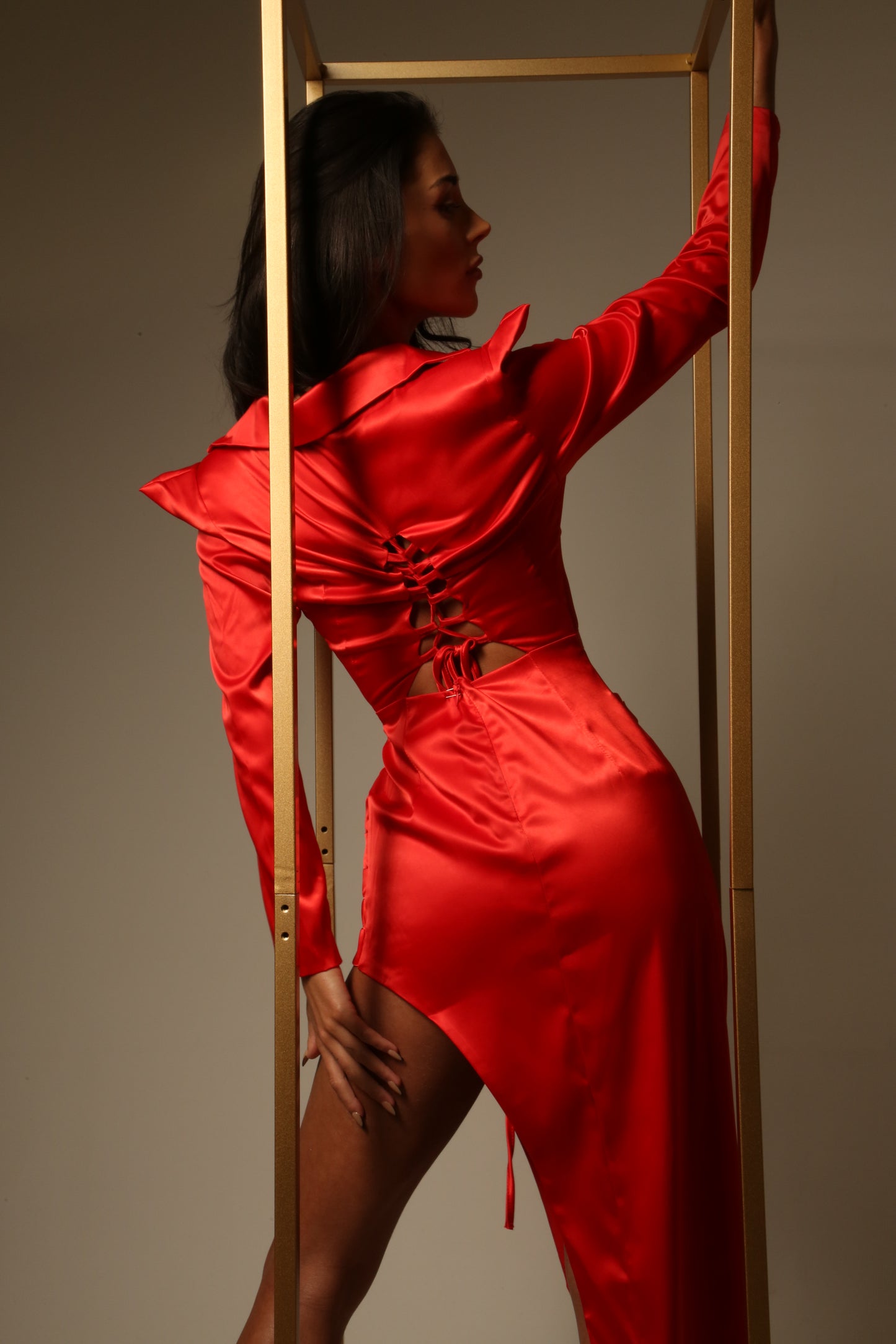 Long Sleeve Red - High Split Leg Dress