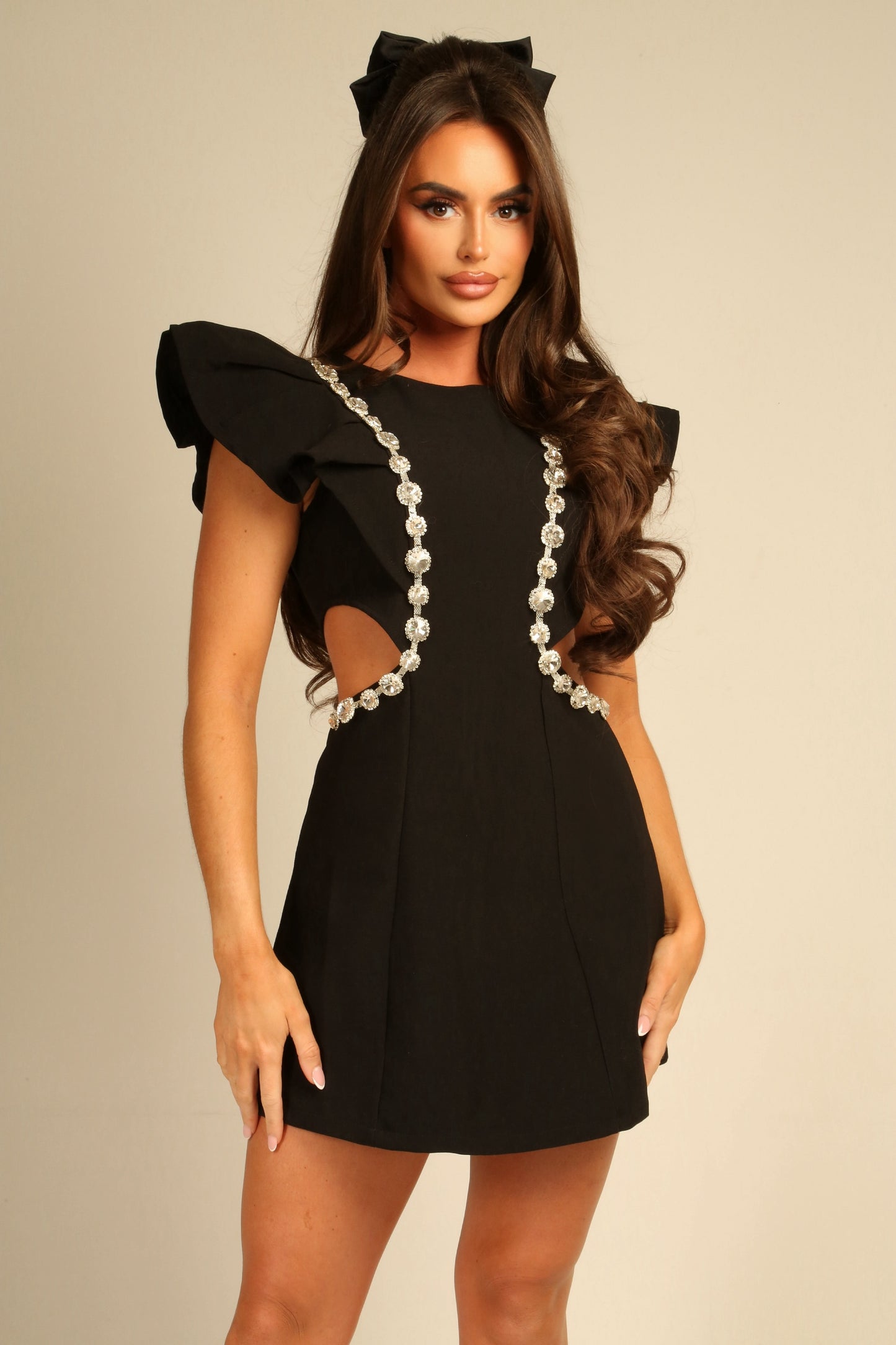 Frill Sleeve Cut Out Side  - Diamond Black Mini Dress